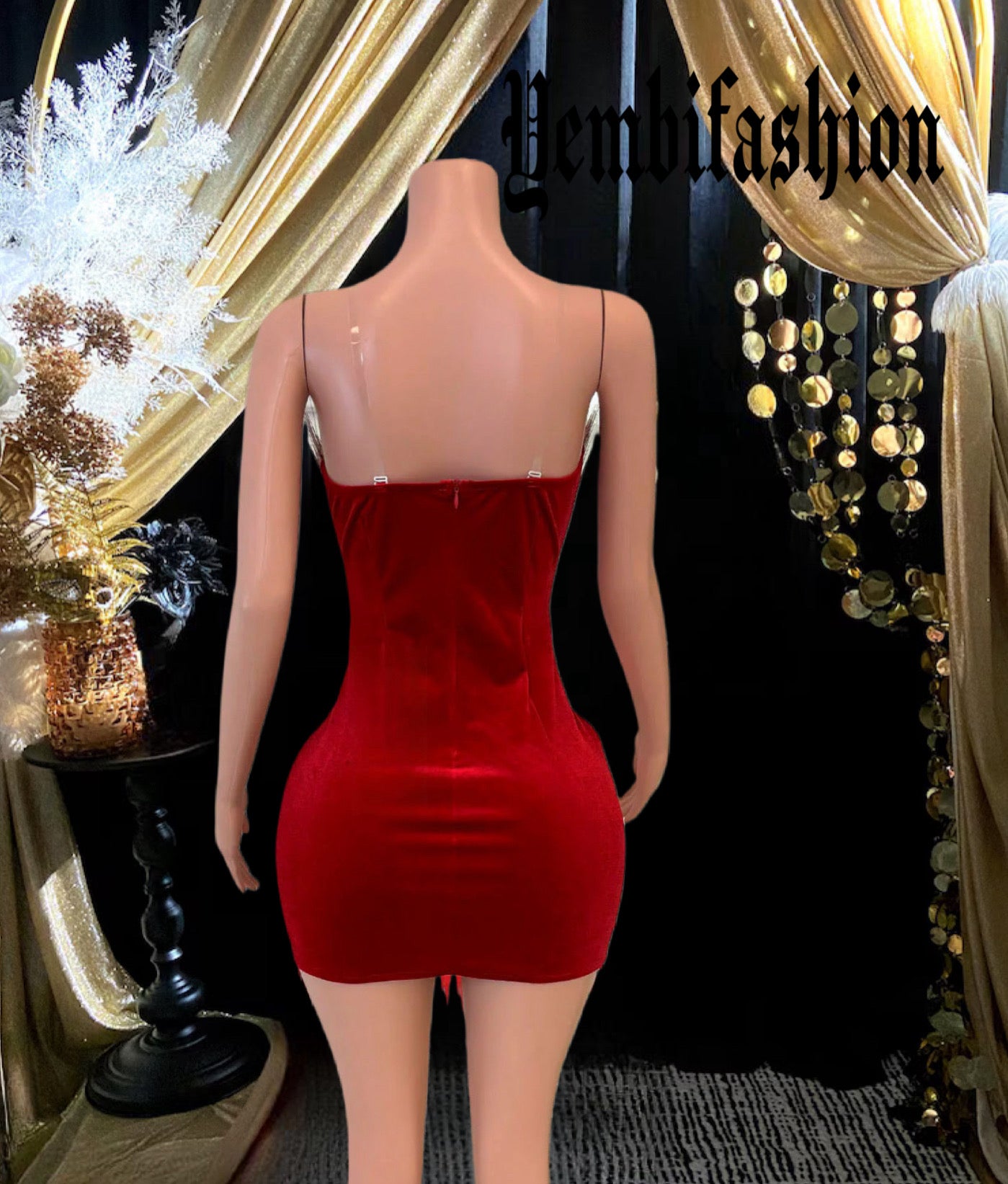 Front view of IF RED MINI DRESS with metallic sheen and feather detailing.