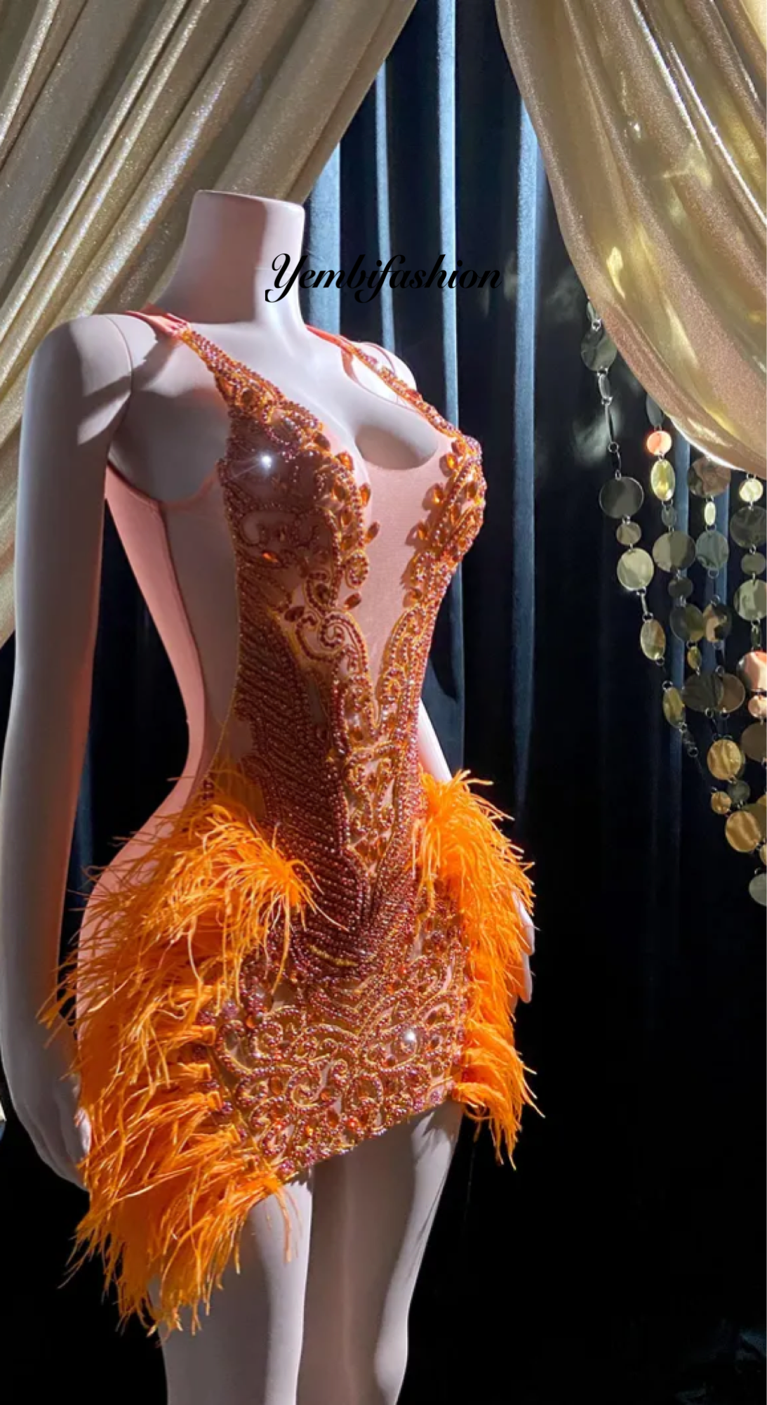 A vibrant Orange Feather Halter Rhinestone Applique Birthday Dress with a halter neckline, feather accents, and sparkling rhinestone applique, ideal for special occasions like birthdays and parties.