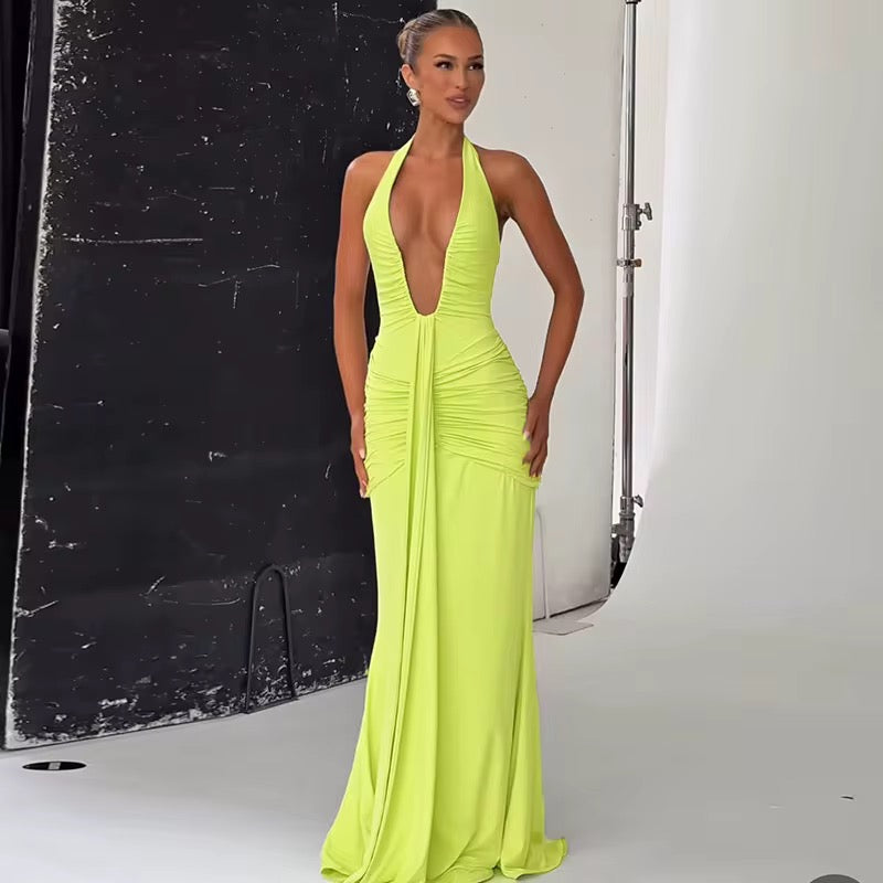 Elegant Halter V-Neck Backless Pleated Dress with Lace-Up Detail – Women’s Evening Dress