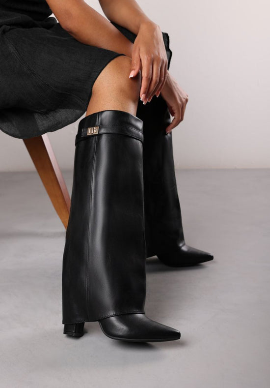 High Block Heel Boots in Black Faux Leather