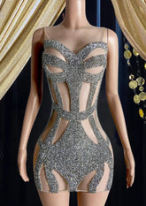 Model wearing a Silver Rhinestone Birthday Dress for special occasions, adorned with shimmering rhinestones