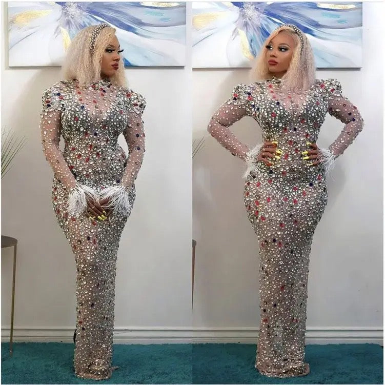 Silver Sparkly  rhinestones sequins  dress |evening prom dress| stranparant shining dress - Yembifashion 