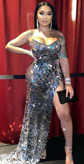 Mirror Evening Dress with intricate embellishments and glitter details, perfect for formal occasions.