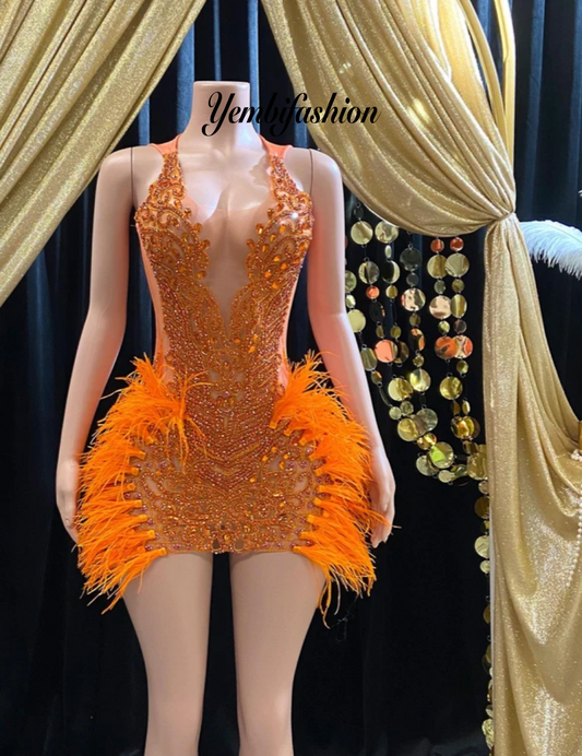 A vibrant Orange Feather Halter Rhinestone Applique Birthday Dress with a halter neckline, feather accents, and sparkling rhinestone applique, ideal for special occasions like birthdays and parties.