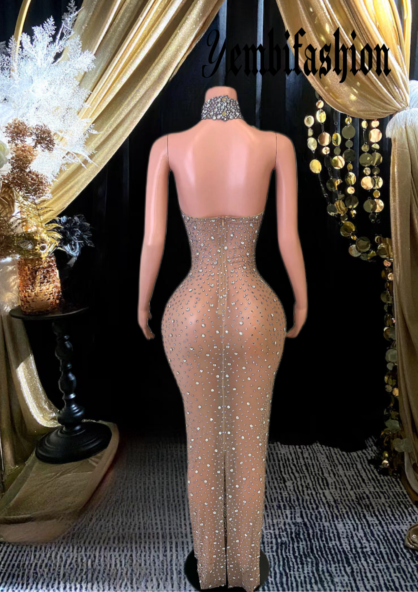 ELIE NUDE DRESS – a sophisticated maxi mesh dress ideal for special occasions.