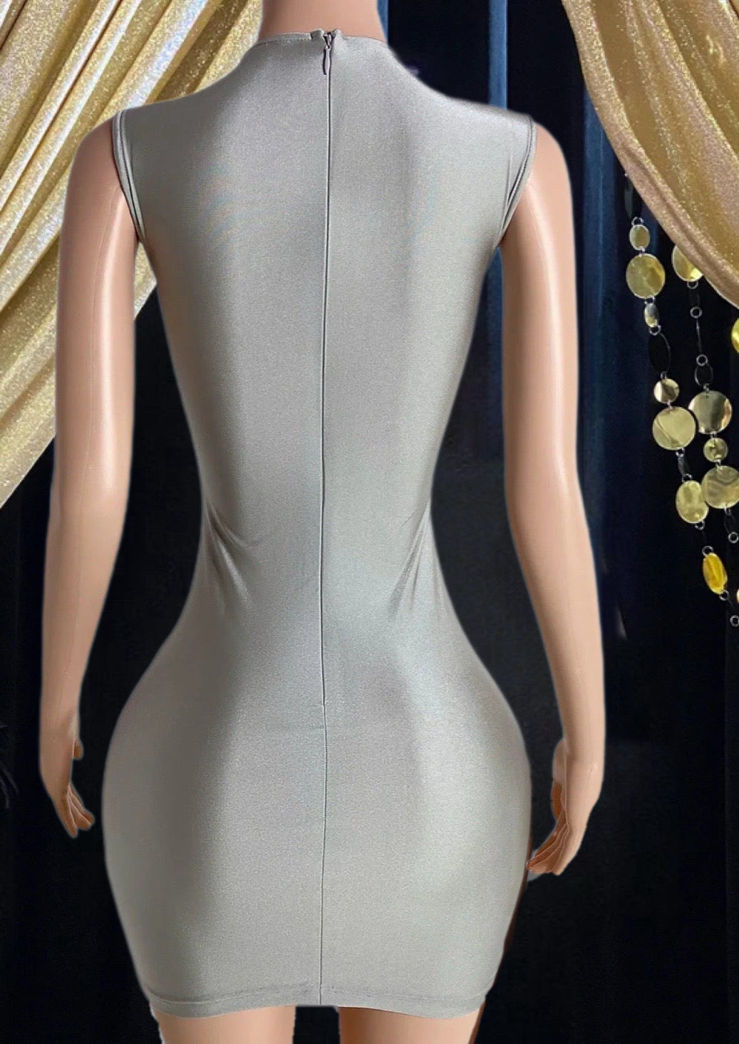 Model wearing a Silver Rhinestone Birthday Dress for special occasions, adorned with shimmering rhinestones