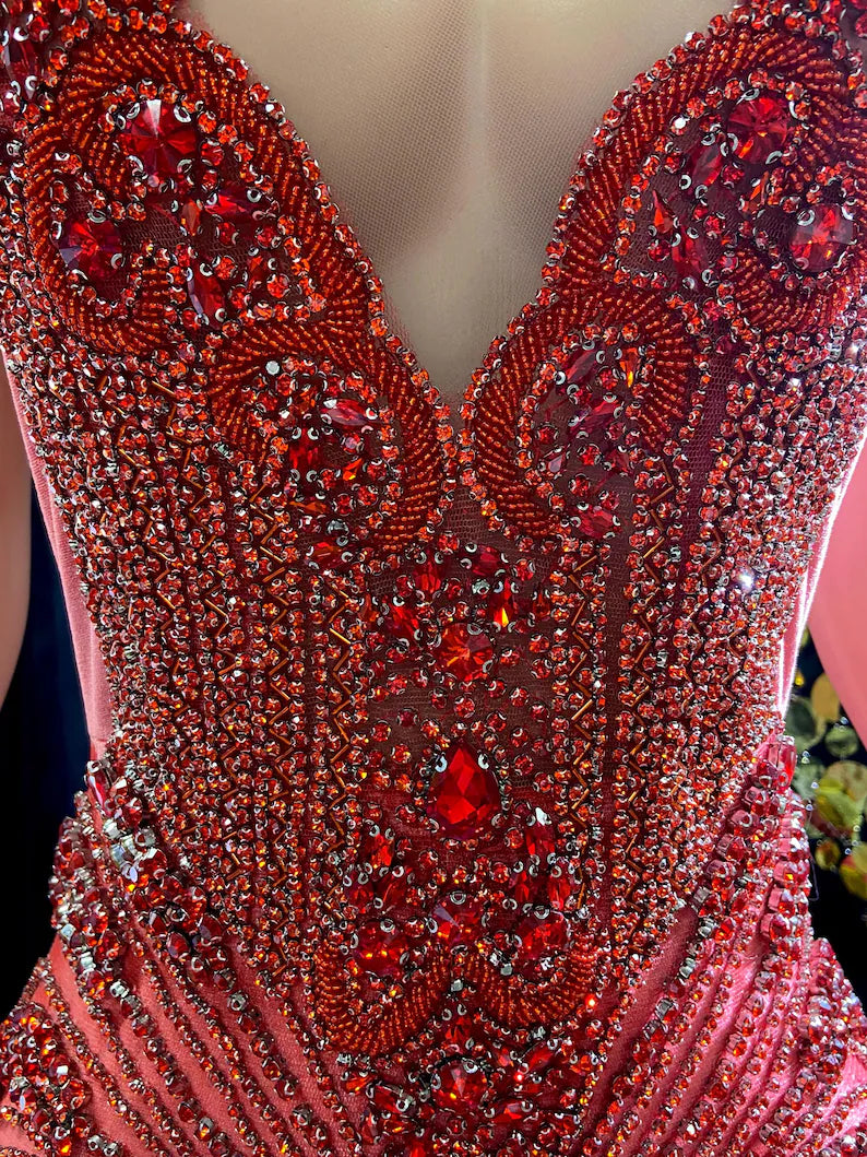 Orange Rhinestone Applique Diamond Dress