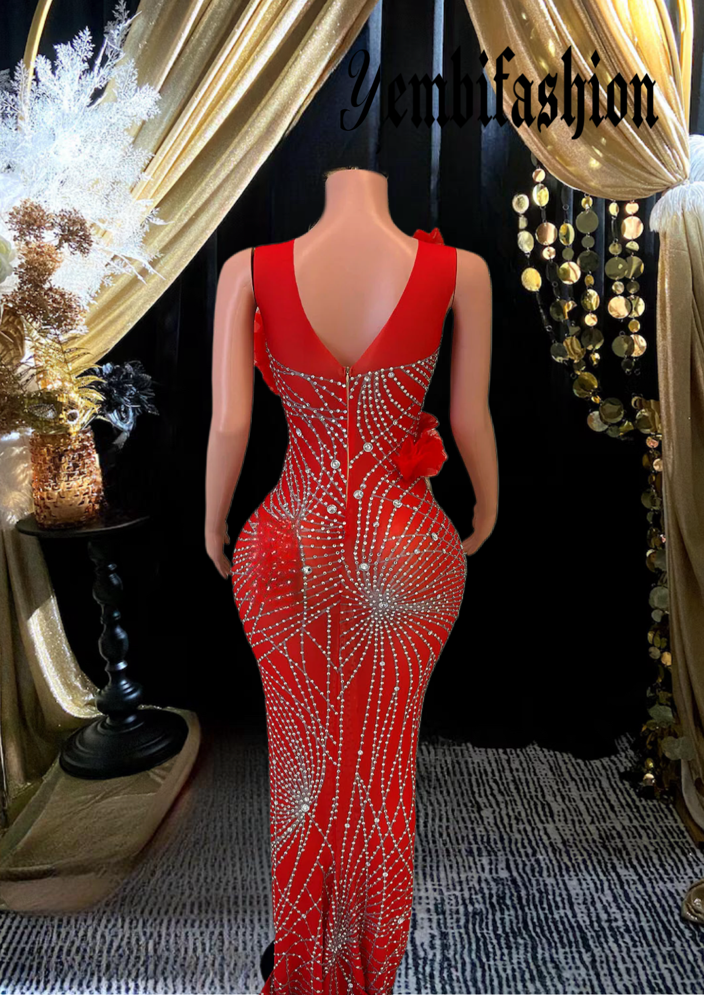 A red flower dress with a romantic floral pattern, perfect for wedding guests.