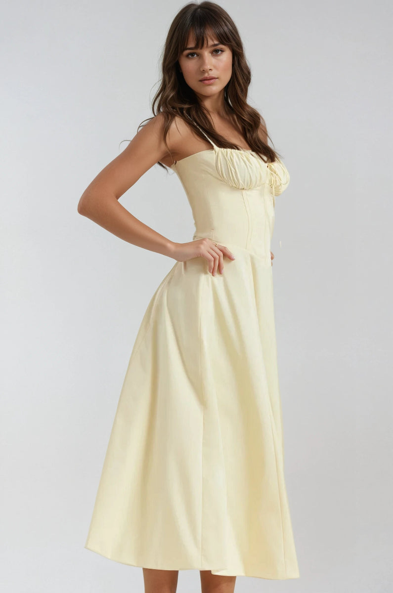 French style lace-up A-line maxi dress – elegant high waist long dress”