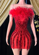 A red mini diamante dress with feather details, perfect for a glamorous evening or party