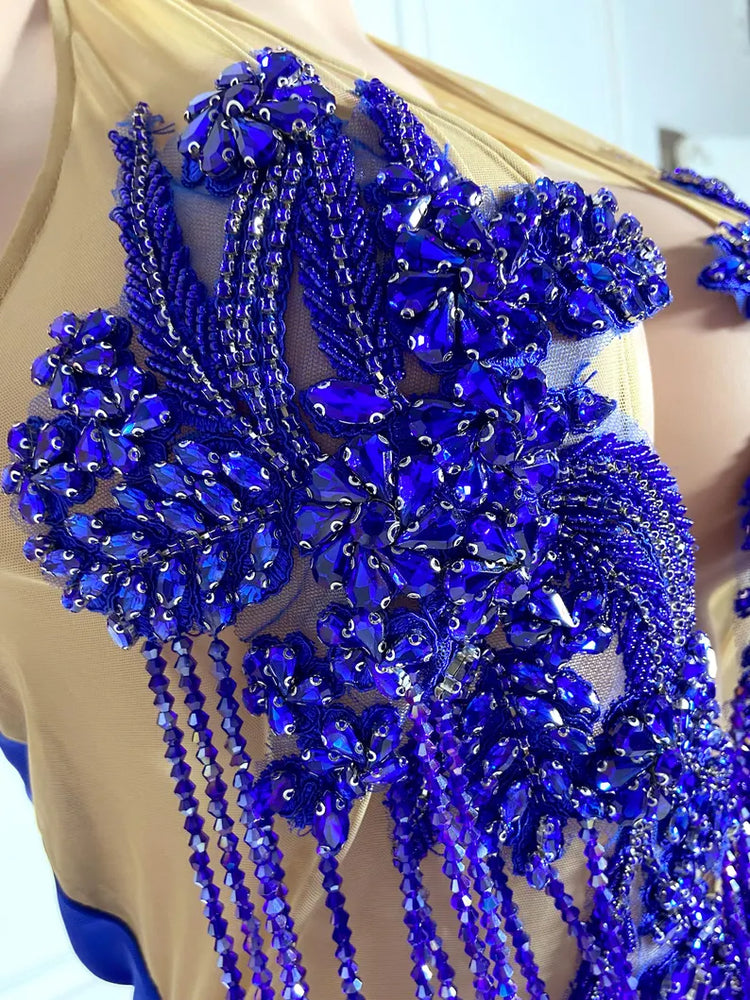 Blue diamante tulle mini dress with sparkling rhinestone details, perfect for parties and special occasions."