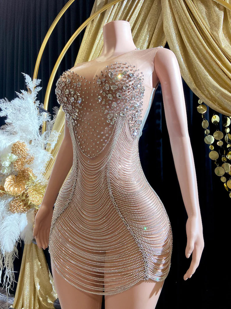 A sparkling Crystal Silver Bling Rhinestone Birthday Dress for ladies, featuring shimmering rhinestones and elegant details, perfect for special occasions.