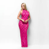 A long pink prom dress with delicate embellishments, perfect for formal occasions.