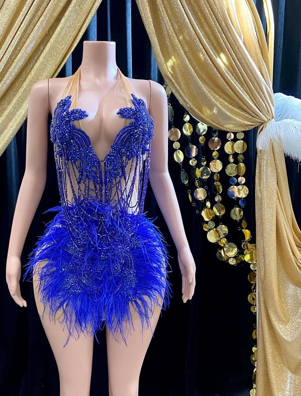 Blue diamante tulle mini dress with sparkling rhinestone details, perfect for parties and special occasions."