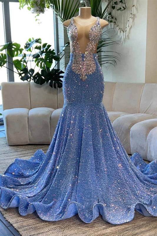 Sky-Blue Sequin Mermaid Sleeveless Prom Dress - Elegant sleeveless mermaid dress with shimmering sequins, perfect for prom and evening events