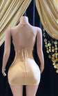 Front view of a gold rhinestone A-line mini dress with sparkling rhinestones and an elegant fit.