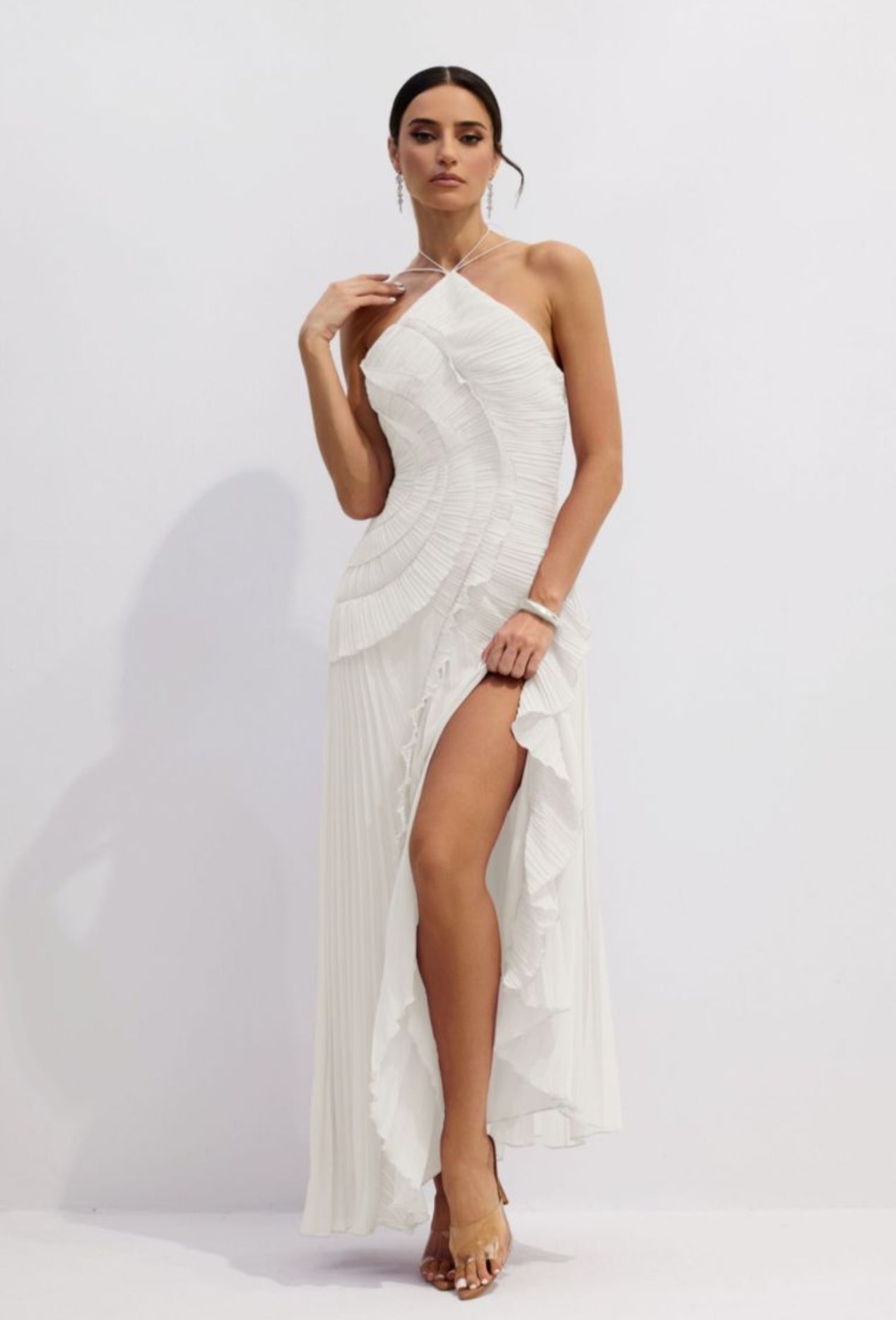 White  Asymmetry Pleated Halterneck Midi Dress