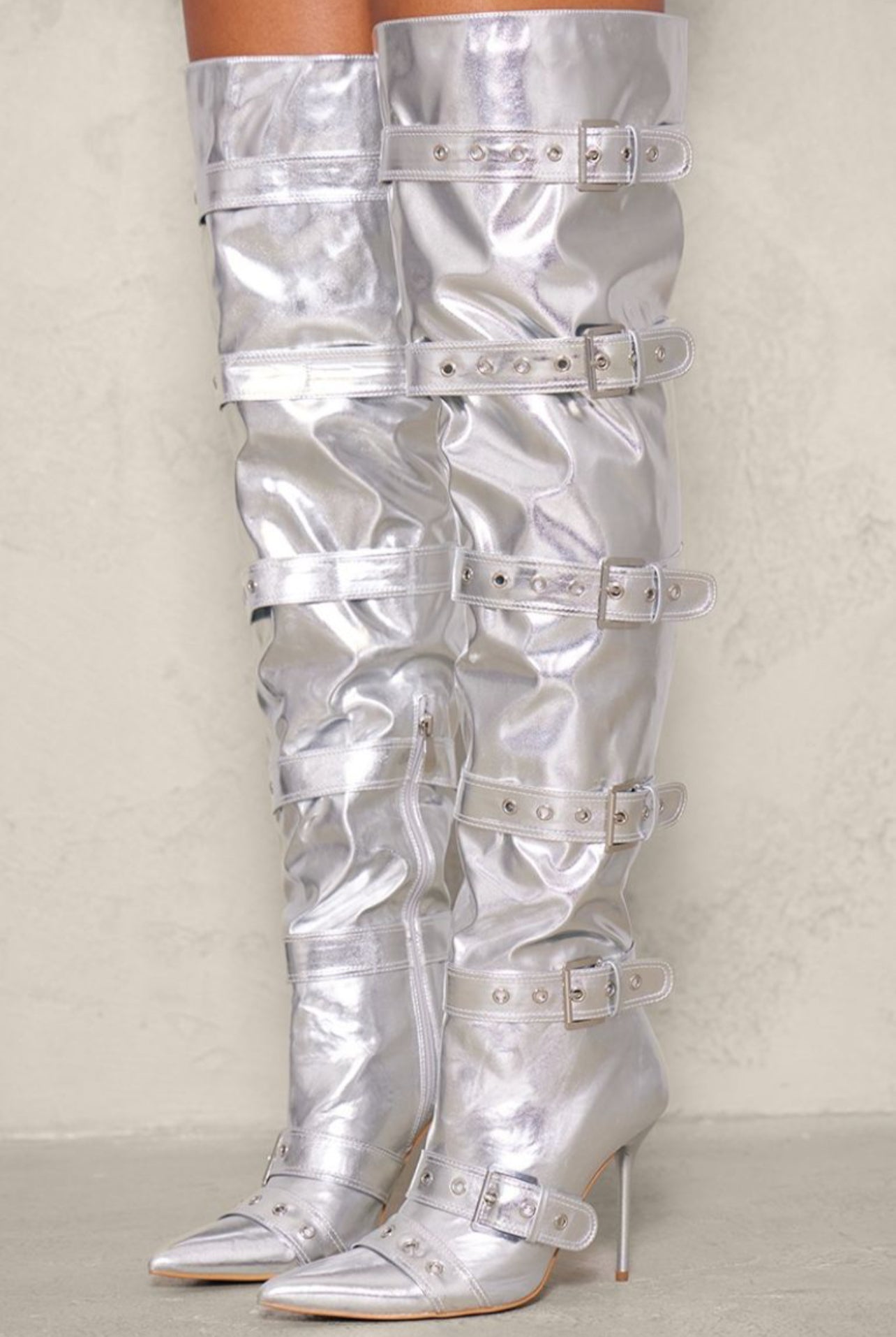 Silver Point Toe knee Block Heels Boot