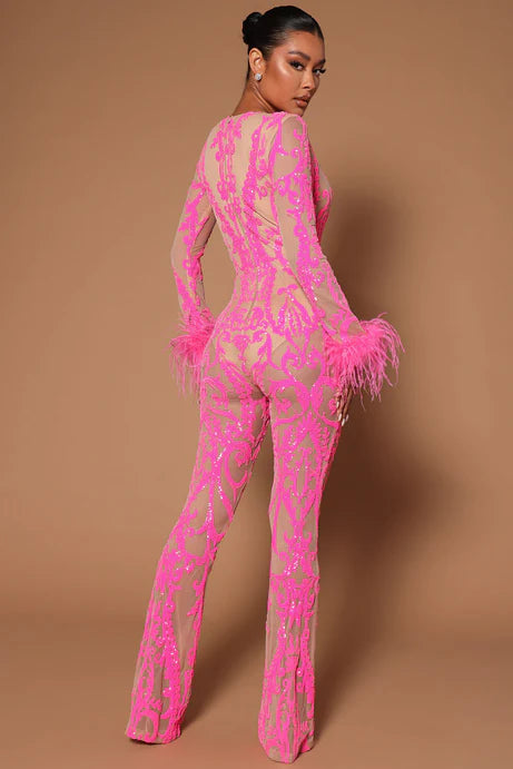 Lorry Sequin Feather Jumpsuit - Pink