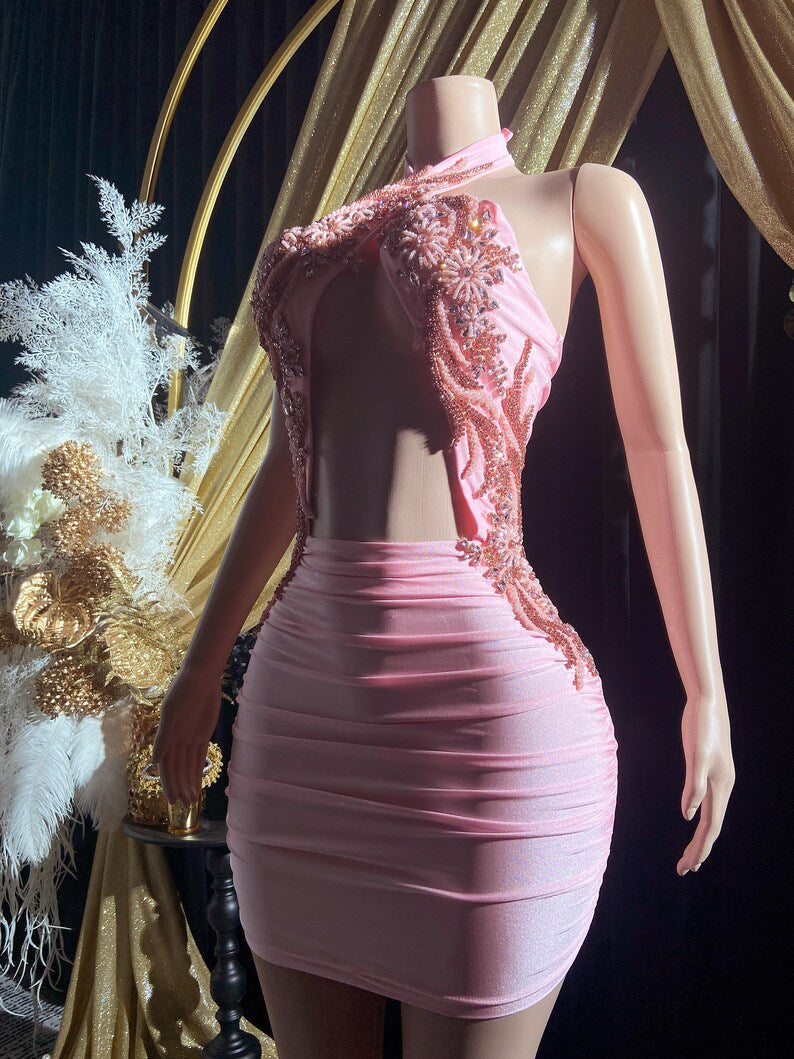 Chloe Mini Pink Dress with embellished accents and sparkling crystal details.