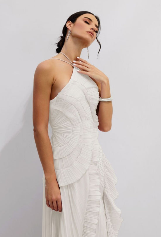 White  Asymmetry Pleated Halterneck Midi Dress