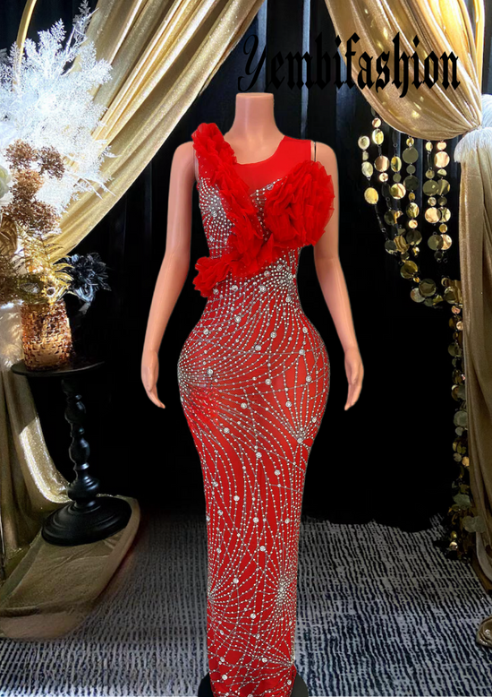 A red flower dress with a romantic floral pattern, perfect for wedding guests.