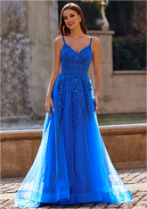 A-line tulle prom dress with intricate applique details, featuring a flowing tulle skirt and a fitted bodice, perfect for formal occasions and special events