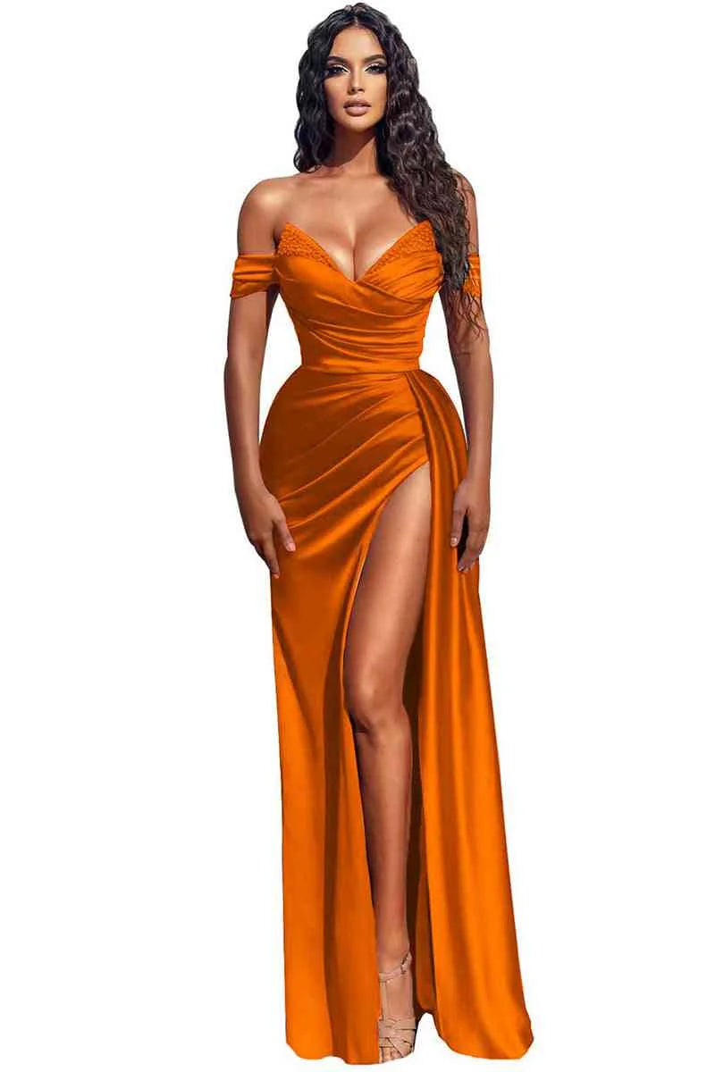Off-the-Shoulder Dusty Blue Mermaid Prom Dress With Slit - Yembifashion 