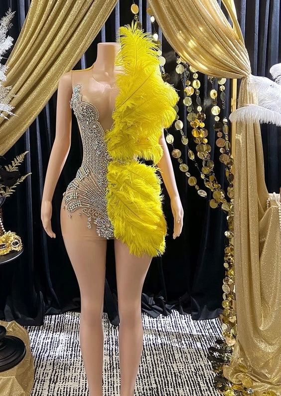 Luxury Gold Feather Rhinestone Birthday Prom Evening Dress