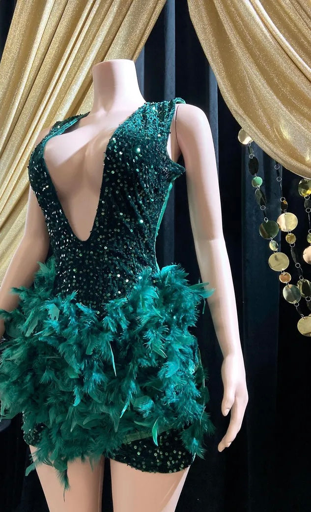 Dark green feather-embellished mini dress with rhinestone details, perfect for a birthday celebration or special event.