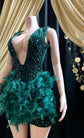 Dark green feather-embellished mini dress with rhinestone details, perfect for a birthday celebration or special event.