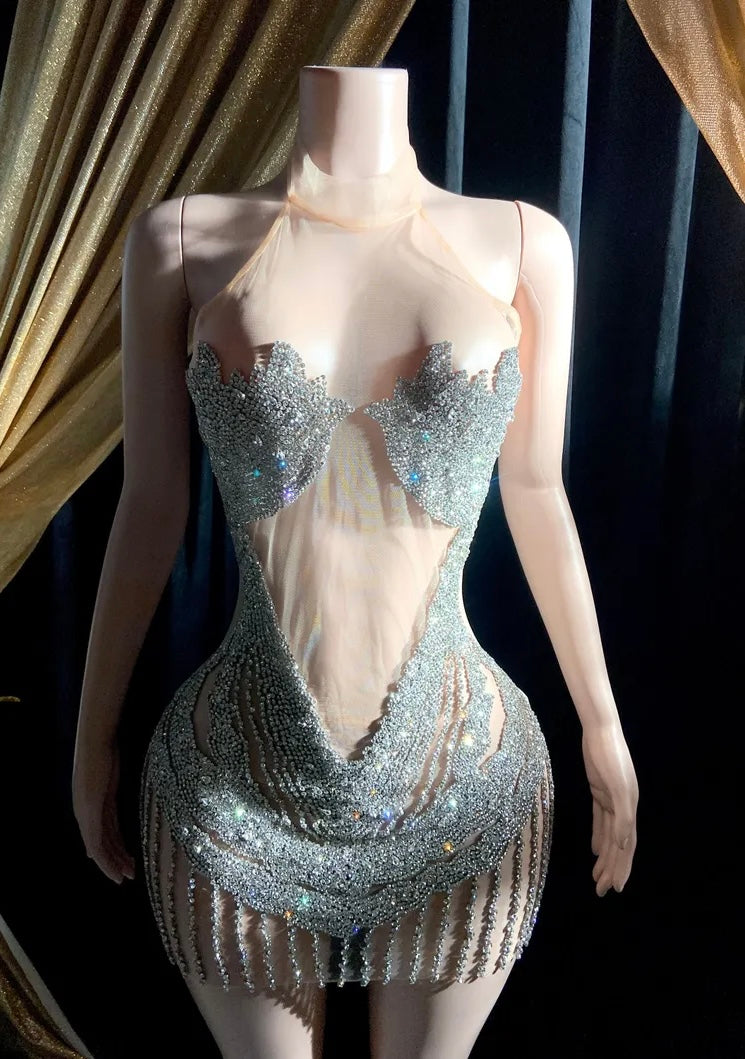 Silver Bling Party Dress with Rhinestone and Tassel Details