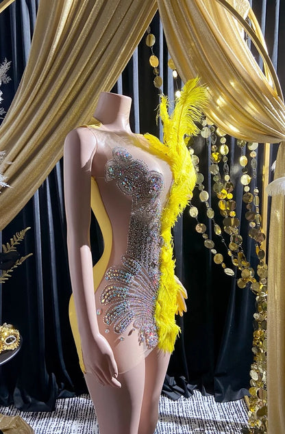 Luxury Gold Feather Rhinestone Birthday Prom Evening Dress