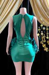 Dark green feather-embellished mini dress with rhinestone details, perfect for a birthday celebration or special event.