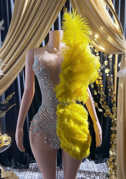 Luxury Gold Feather Rhinestone Birthday Prom Evening Dress