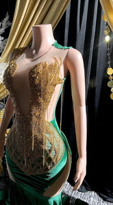 Violeta Embellished Evening Dress in Green with rhinestone detailing for a glamorous look.