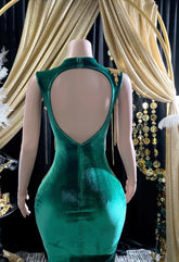 Violeta Embellished Evening Dress in Green with rhinestone detailing for a glamorous look.