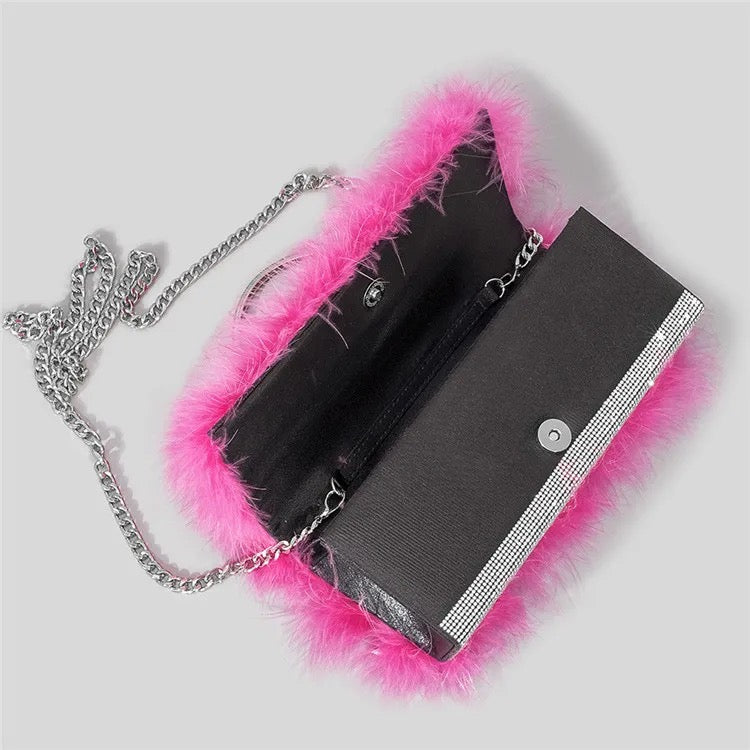 Ostrich feather rhinestone handbag - Yembifashion 