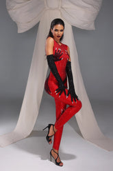 Rhinestone Embellished Bodycon Jumpsuit with Matching Hand Gloves - Yembifashion 