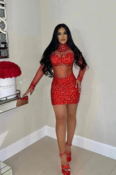 A sleek Red bodycom dress with mesh detailing, highlighting a form-fitting silhouette for an elegant and sophisticated look.