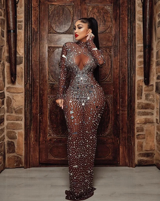 Rhinestone mirror dress| RhinestoneElegance| BlingBlingDress| RhinestoneChic - Yembifashion 