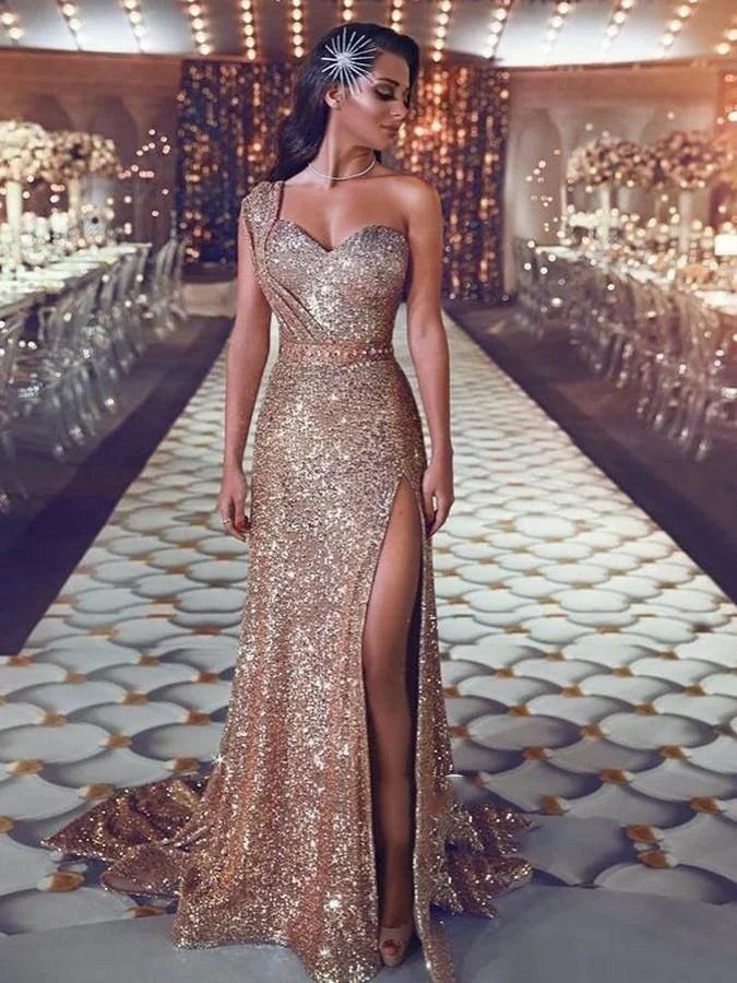 One Shoulder Sequins Mermaid Split Prom Dress Long - Yembifashion 