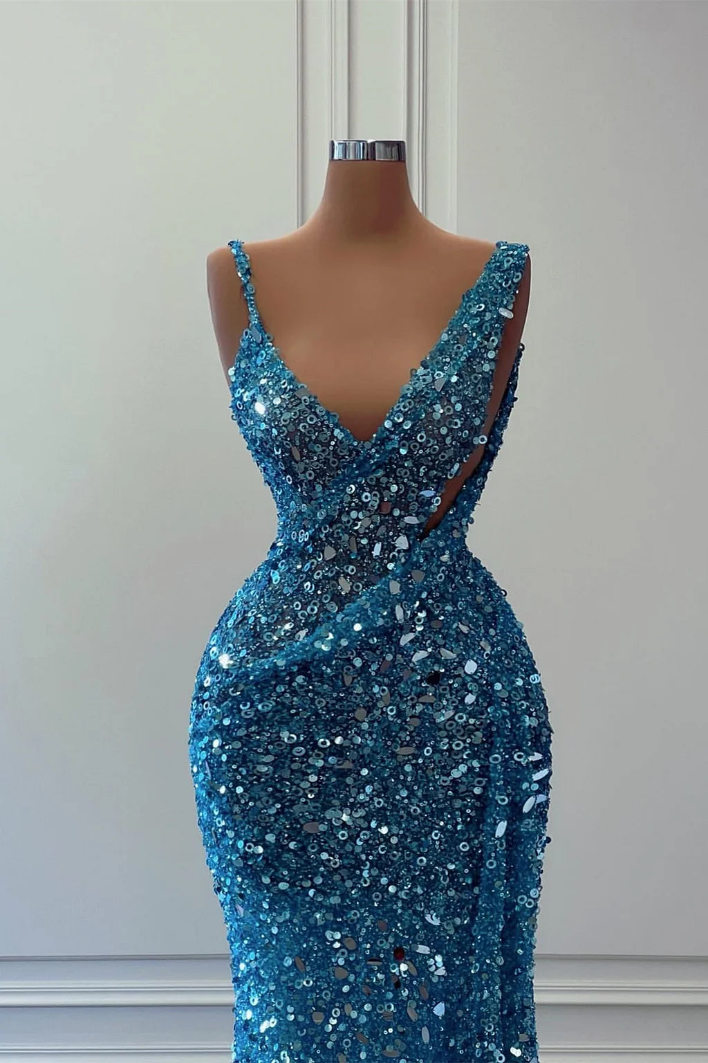 V-Neck Sleeveless Sequins Prom Dress Mermaid Long - Yembifashion 