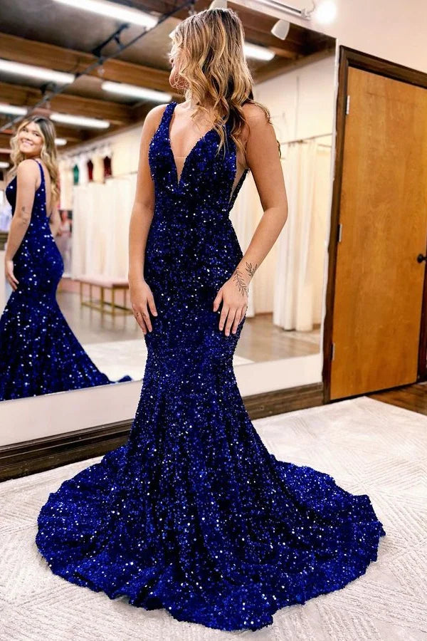 V-Neck Sleeveless Mermaid Prom Dress Sequins Long Open Back - Yembifashion 
