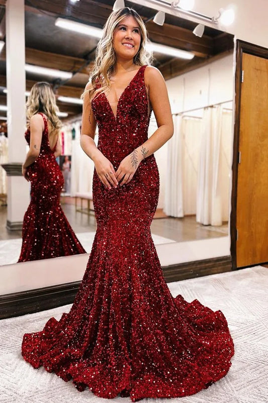 V-Neck Sleeveless Mermaid Prom Dress Sequins Long Open Back - Yembifashion 