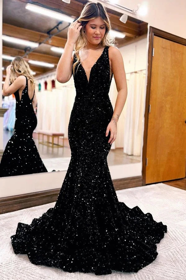V-Neck Sleeveless Mermaid Prom Dress Sequins Long Open Back - Yembifashion 