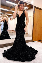 V-Neck Sleeveless Mermaid Prom Dress Sequins Long Open Back - Yembifashion 