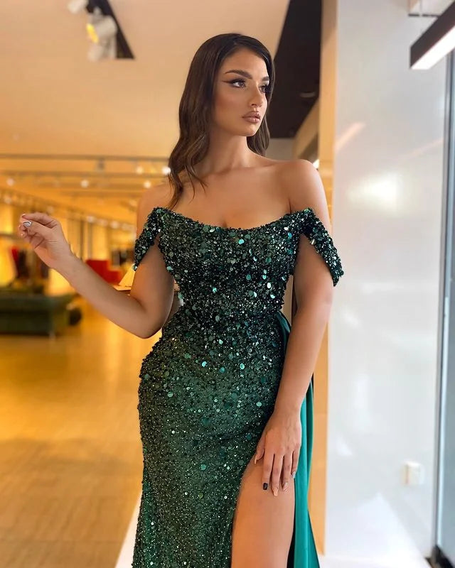 Dark Green Off-the-Shoulder Sequins Evening Dress Split Long - Yembifashion 