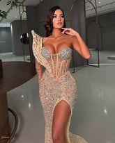 One Shoulder Mermaid Evening Dress Sequins Long Slit With Beads - Yembifashion 