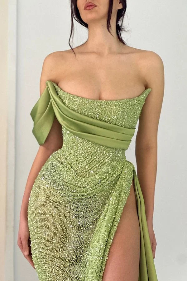 Sage Green Strapless Mermaid Prom Dress With High Split - Yembifashion 